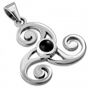 Black Onyx Celtic Triskele Triple Spiral Silver Pendant 